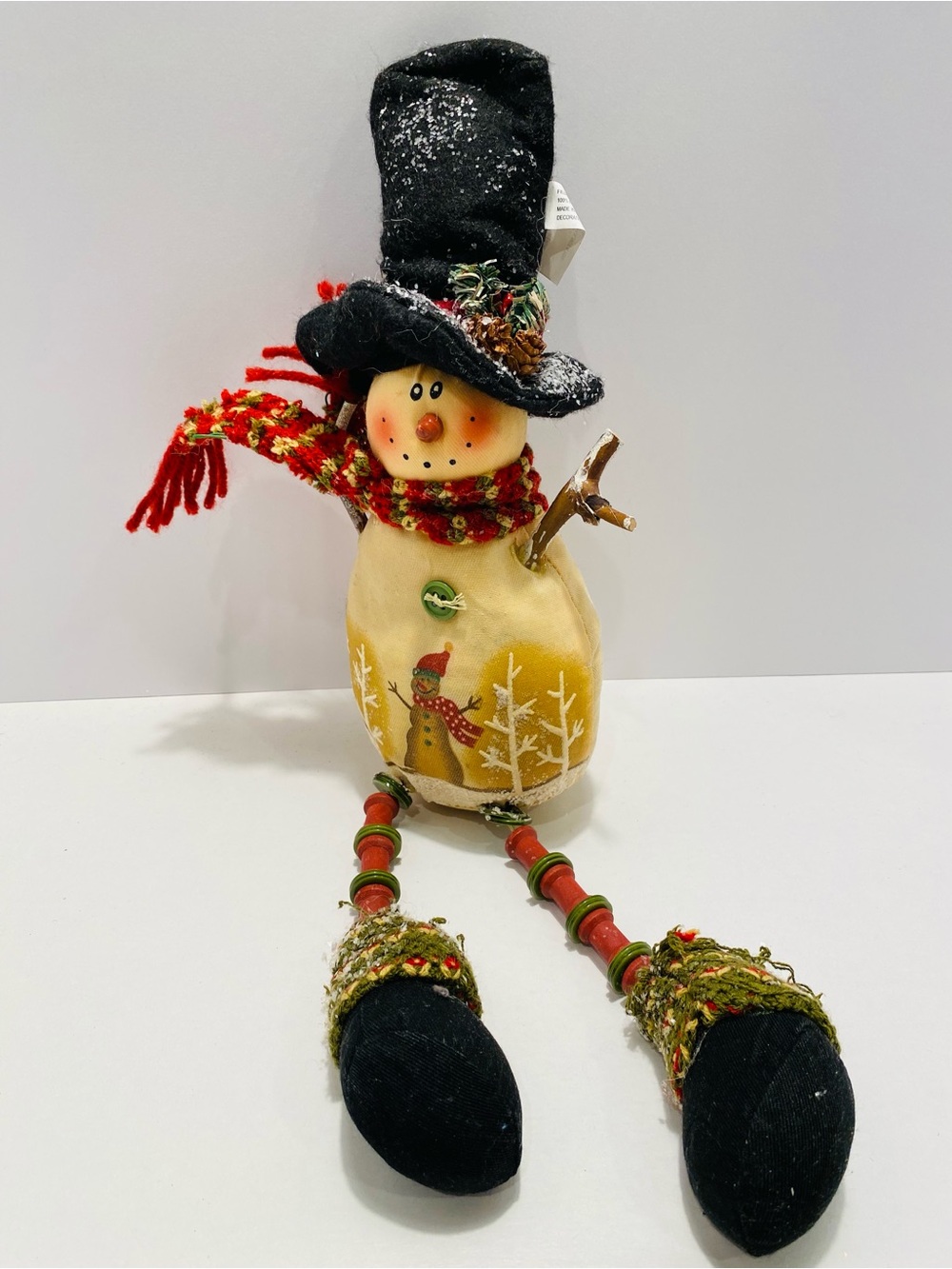 Holiday Snowman Figurine with Red Scarf and Black Hat
